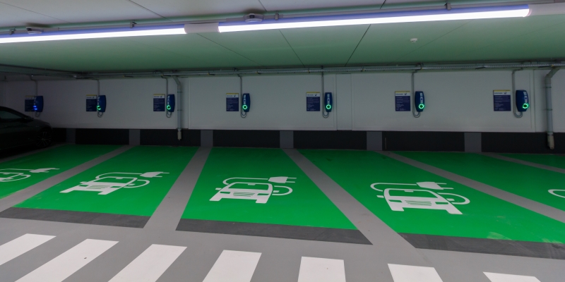 Fire and smoke control safety considerations in car parks with electric charging points.